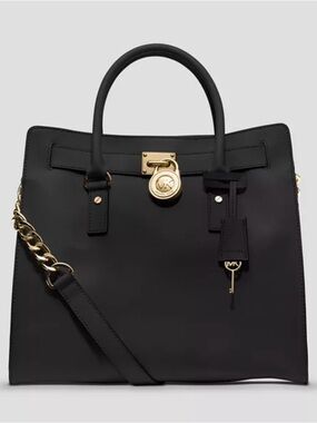 Michael Kors Black Leather Satchel with Gold-Tone Accent
